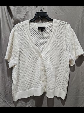 Lane Bryant Cream Open-Knit Short Sleeve Cardigan